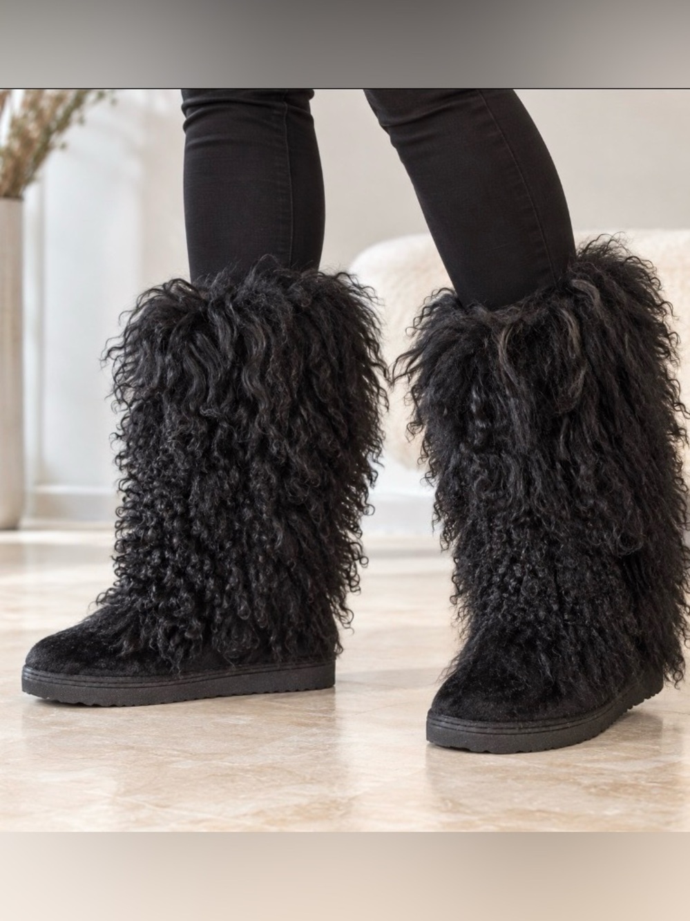 BEARPAW Boetis II Black Mongolian Curly Lamb Fur Boots Women’s 7